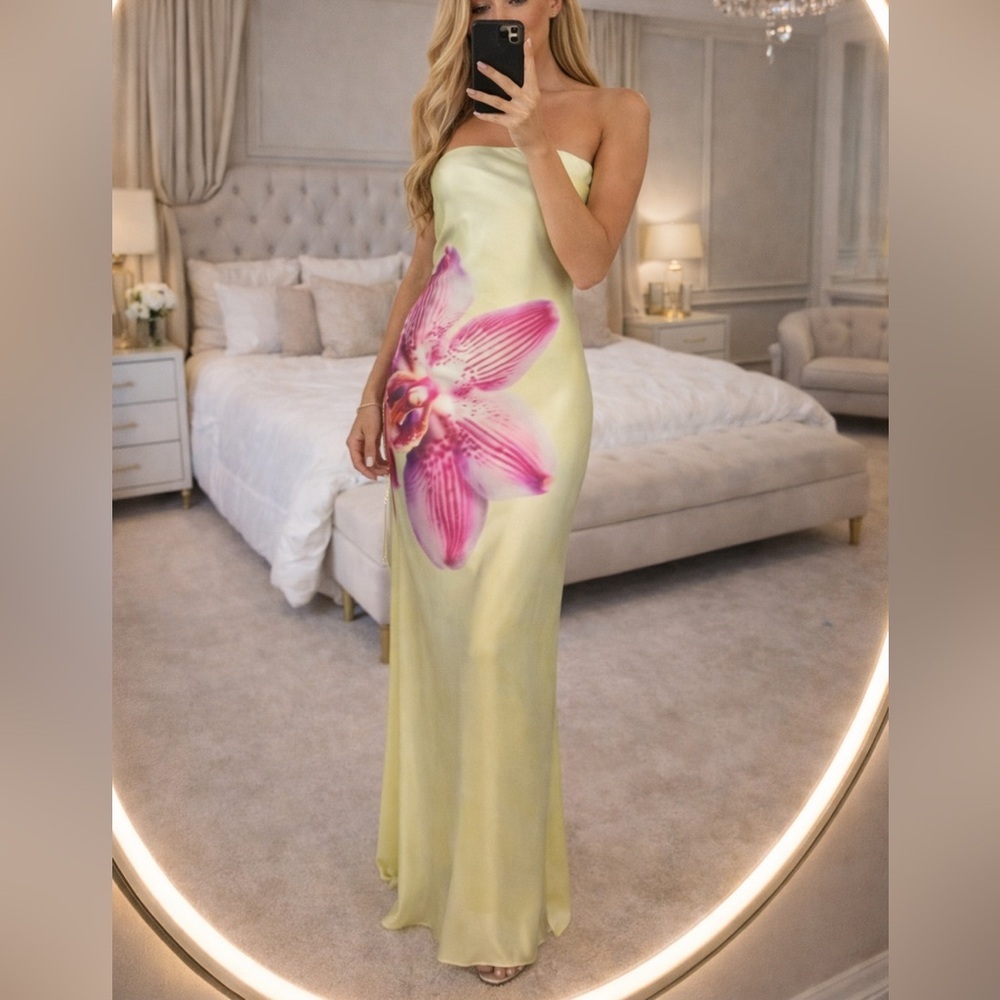 Elegant Strapless Floral Dress in yellow